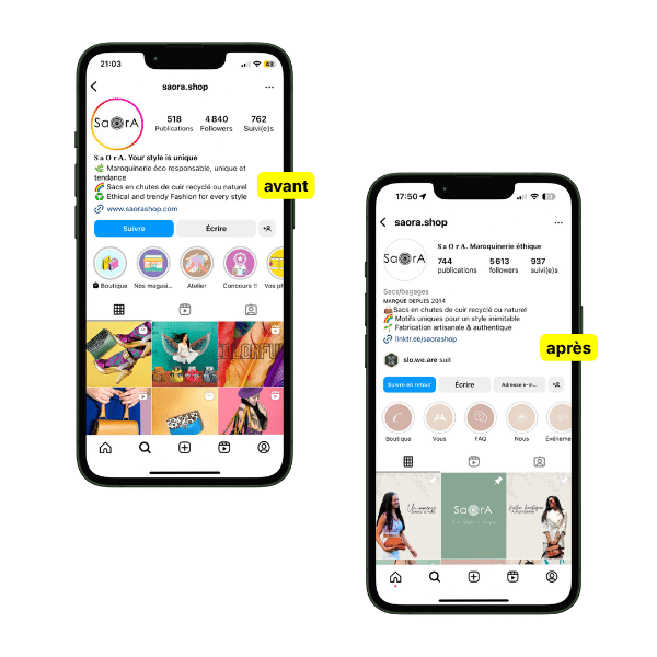 avant après du compte Instagram d'une marque de maroquinerie durable