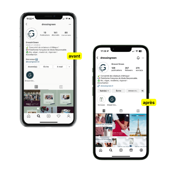 avant après des résultats d'un compte Instagram d'une marque de mode écoresponsable
